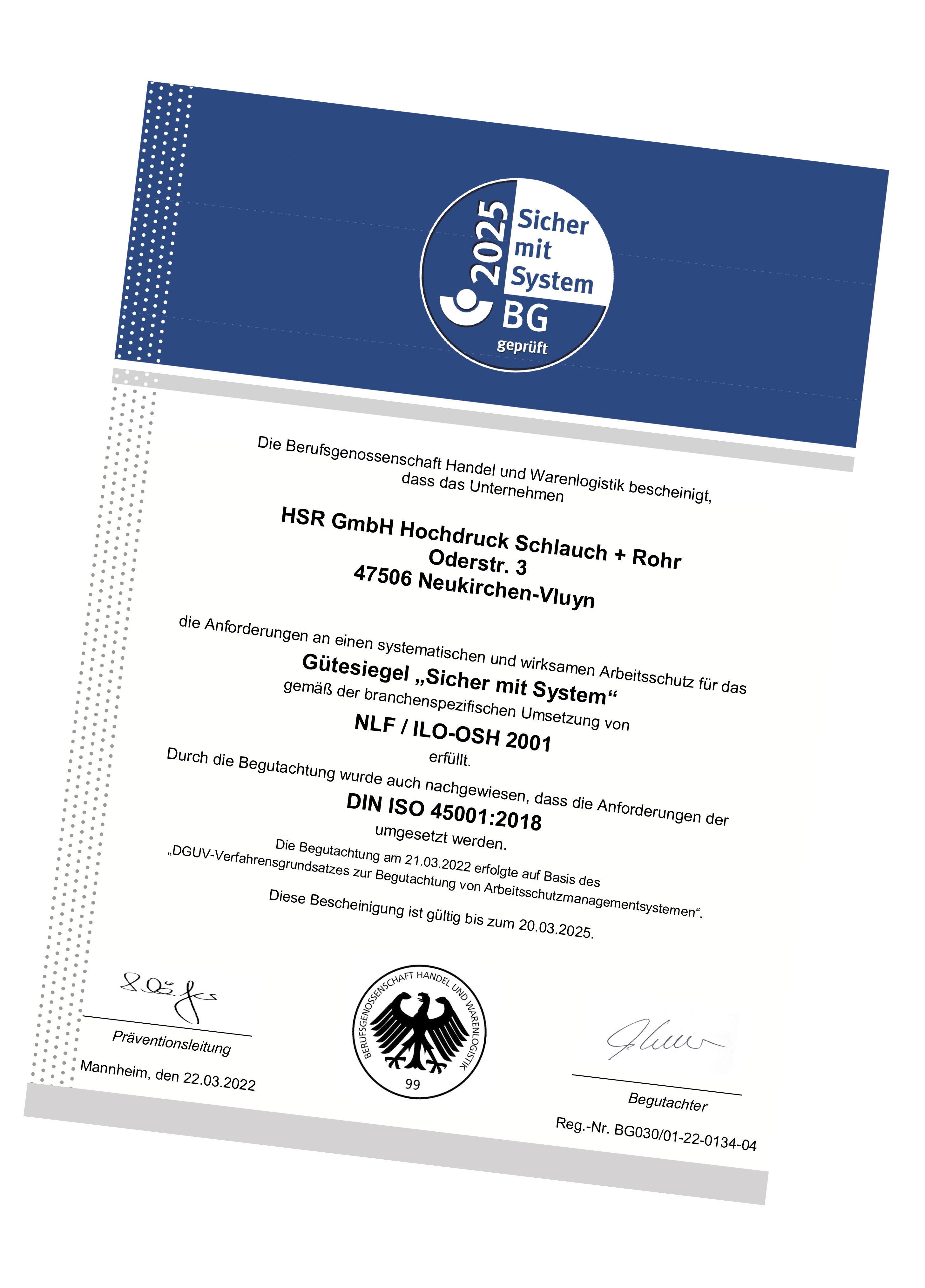 HSR Zertifikat Arbeitssicherheit DIN ISO 45001:2018